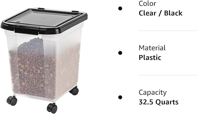 IRIS USA 25 Lbs / 32.5 Qt WeatherPro Airtight Pet Food Storage Container with Removable Casters, for Dog Cat Bird and Other Pet Food Storage Bin, Keep Fresh, Translucent Body, Clear/Black