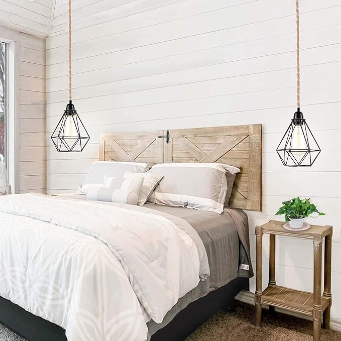 Industrial 15ft Pendant Lights - Hanging Light Kit with Switch Plug in Vintage Fabric Lamp with Twisted Hemp Rope Pendant Lights Socket Set E26 E27 for Pendant Lamp Farmhouse Lamp Cable DIY