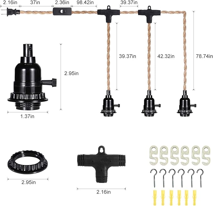 Plug in Hanging Light Fixture, 20FT 3 Bulbs Pendant Lamp Lights Cord with Switch Cord E26 Bulbs Socket, Industrial DIY Twisted Hemp Rope Overhead Lamps for Farmhouse Bedroom Home Lighting Decors