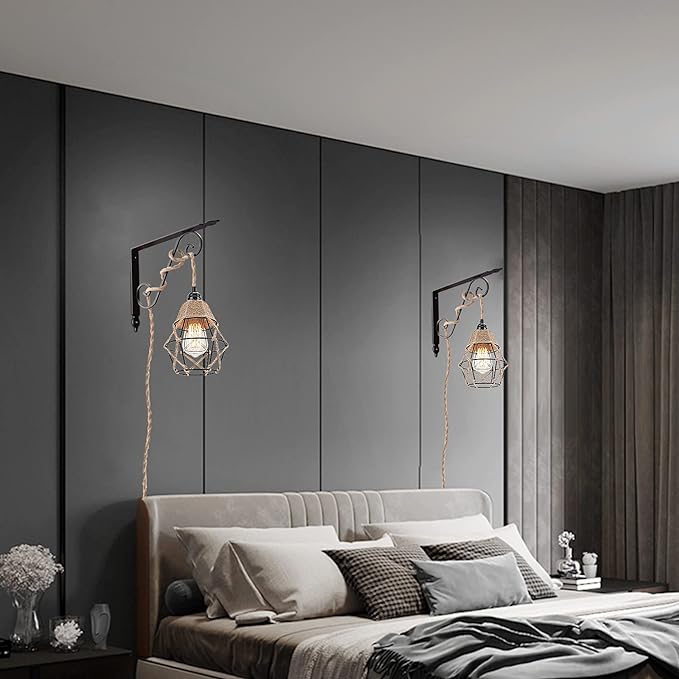 Industrial 15ft Pendant Lights - Hanging Light Kit with Switch Plug in Vintage Fabric Lamp with Twisted Hemp Rope Pendant Lights Socket Set E26 E27 for Pendant Lamp Farmhouse Lamp Cable DIY