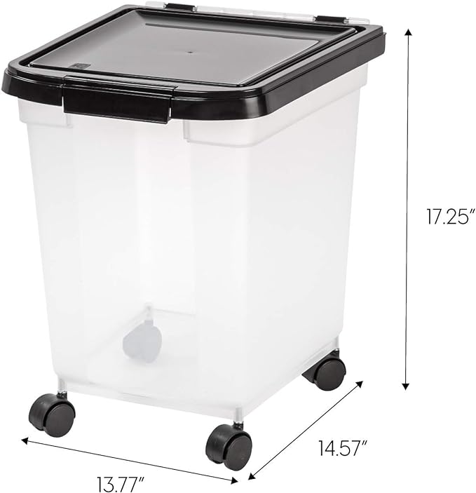 IRIS USA 25 Lbs / 32.5 Qt WeatherPro Airtight Pet Food Storage Container with Removable Casters, for Dog Cat Bird and Other Pet Food Storage Bin, Keep Fresh, Translucent Body, Clear/Black