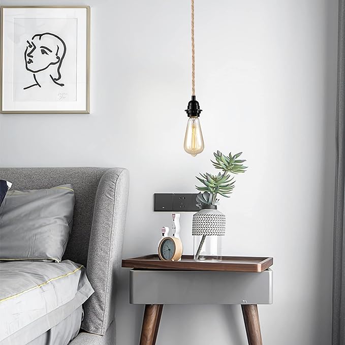 Industrial 15ft Pendant Lights - Hanging Light Kit with Switch Plug in Vintage Fabric Lamp with Twisted Hemp Rope Pendant Lights Socket Set E26 E27 for Pendant Lamp Farmhouse Lamp Cable DIY