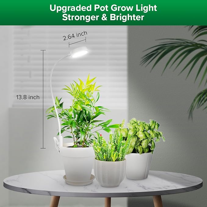 SANSI Grow Lights for Indoor Plants, Pot Clip LED Plant Light for Growing Full Spectrum, Plant Growing Lamp with 4-Level Dimmable, Auto On Off 3 6 12 Hrs Timer for Small Plants, White 10W 1-Pack