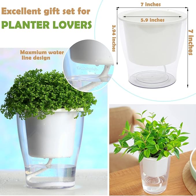 3 Packs 7" Large Clear Self-watering Planters African Violet Pots Plastic Plant Pots Wicking Flower Pots for Indoor Plants, Herbs, African Violet, Ocean Spider Plant, Orchid Pot, Clear and White