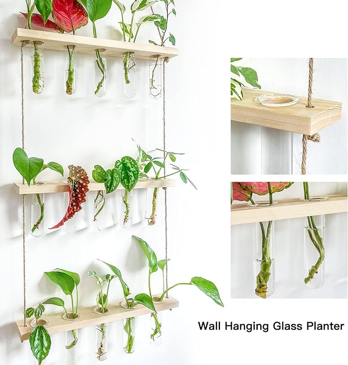 Ivolador Propagation Stations Wall Hanging, Glass Test Tubes for Plants, 3 Tiered Boho Planter for Hydroponic Houseplants Home Office Desk Décor Plant Lovers Mom Women Gift