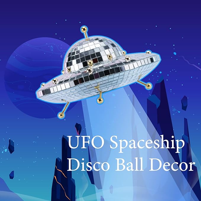 UFO-Shaped Disco Ball Home Décor - Mirror Decorations for Table, Desk, Home, Party, Bar, Disco Spaceship UFO Decor Retro-Reflective Silver Disco Ball Lights (8 X 6 inch)
