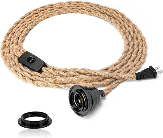 Industrial 15ft Pendant Lights - Hanging Light Kit with Switch Plug in Vintage Fabric Lamp with Twisted Hemp Rope Pendant Lights Socket Set E26 E27 for Pendant Lamp Farmhouse Lamp Cable DIY