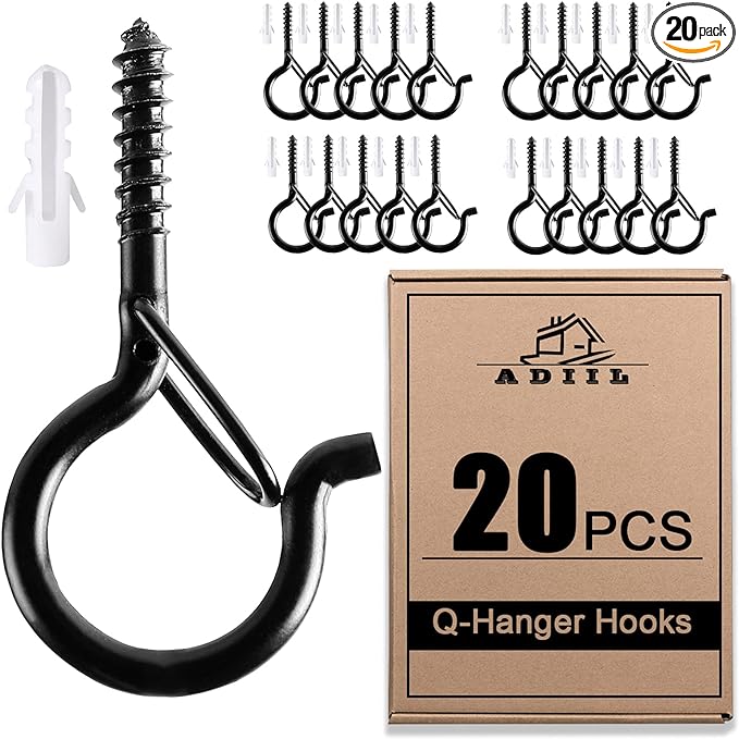ADIIL 20 PCS Q Hanger Hooks with Safety Buckle, Windproof Screw Hooks for Hanging Outdoor String Lights, Plants, Christmas & Patio Lights, 2.2 Inches, Black