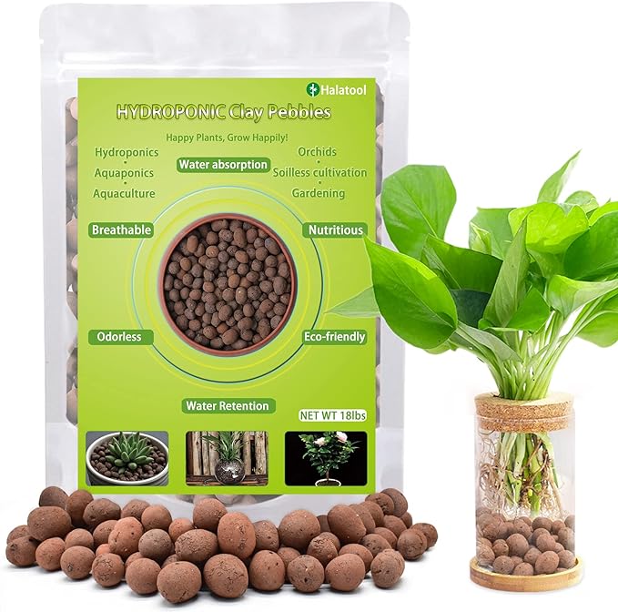 Halatool 18 LB Organic Clay Pebbles 4mm-16mm Leca for Plants 100% Natural Hydroton Clay Pebbles for Hydroponic Growing Gardening Orchids Drainage Decoration Aquaponics