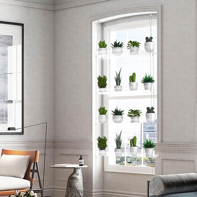 Hanging Clear Plant Shelves for Windows, 4-Tier Acrylic Window Wall Plant Stand Shelf for Kitchen Window Indoor Gardens, Flower, Succulents, Herb, Seedling Organization, and Plants Pots Display