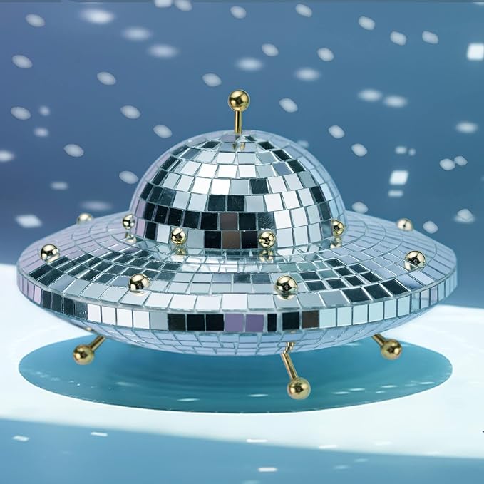 UFO-Shaped Disco Ball Home Décor - Mirror Decorations for Table, Desk, Home, Party, Bar, Disco Spaceship UFO Decor Retro-Reflective Silver Disco Ball Lights (8 X 6 inch)