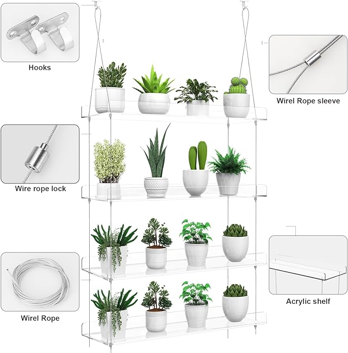 Hanging Clear Plant Shelves for Windows, 4-Tier Acrylic Window Wall Plant Stand Shelf for Kitchen Window Indoor Gardens, Flower, Succulents, Herb, Seedling Organization, and Plants Pots Display