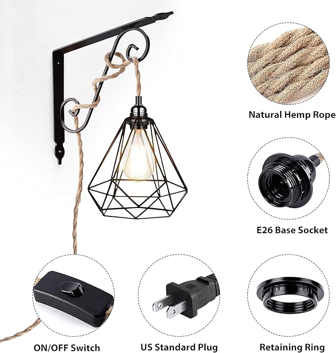 Plug in Hanging Light Fixture, 20FT 3 Bulbs Pendant Lamp Lights Cord with Switch Cord E26 Bulbs Socket, Industrial DIY Twisted Hemp Rope Overhead Lamps for Farmhouse Bedroom Home Lighting Decors
