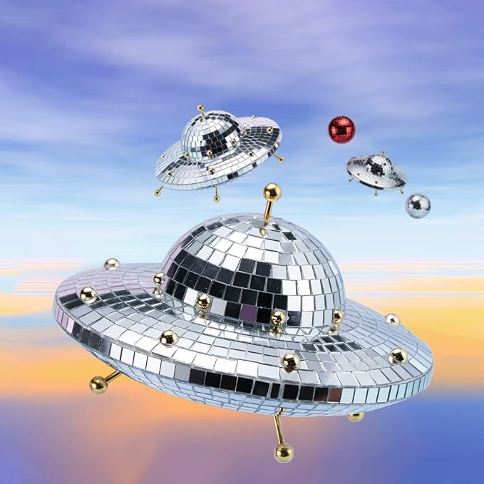 UFO-Shaped Disco Ball Home Décor - Mirror Decorations for Table, Desk, Home, Party, Bar, Disco Spaceship UFO Decor Retro-Reflective Silver Disco Ball Lights (8 X 6 inch)