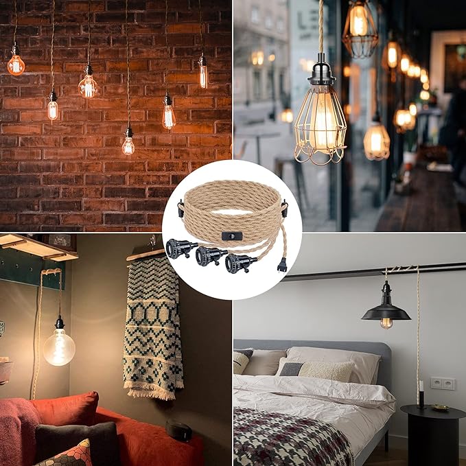 Plug in Hanging Light Fixture, 20FT 3 Bulbs Pendant Lamp Lights Cord with Switch Cord E26 Bulbs Socket, Industrial DIY Twisted Hemp Rope Overhead Lamps for Farmhouse Bedroom Home Lighting Decors