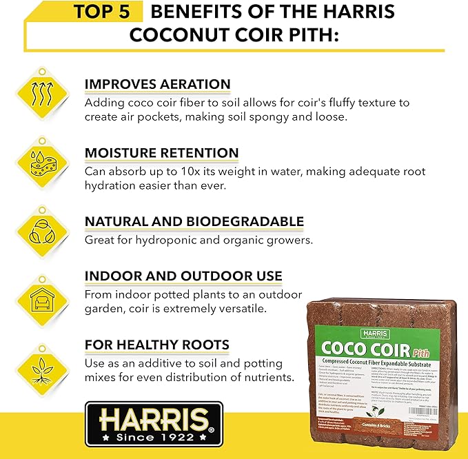 Harris Coco Coir Pith, 4 Bricks Expand to 9 Gallons of Coconut Coir to Promote Healthy Root Growth