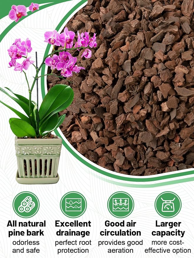 10 Quarts Orchid Potting Bark, Sun-Dried New Zealand Medium Organic Pine Wood Chip Barks for Orchids Mix Plant Compost, Natural Houseplant Mulch for Plant Roots Development