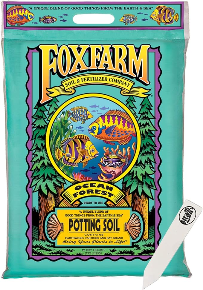 FoxFarm Ocean Forest Potting Soil Mix Indoor Outdoor for Garden and Plants | Plant Fertilizer | 12 Quarts | The Hydroponic City Stake