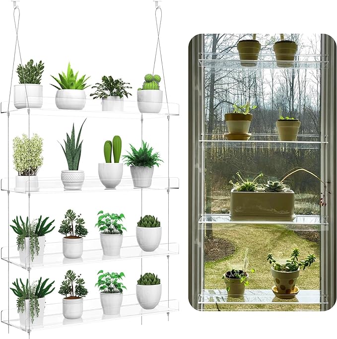 Hanging Clear Plant Shelves for Windows, 4-Tier Acrylic Window Wall Plant Stand Shelf for Kitchen Window Indoor Gardens, Flower, Succulents, Herb, Seedling Organization, and Plants Pots Display