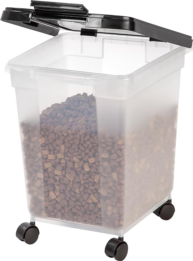 IRIS USA 25 Lbs / 32.5 Qt WeatherPro Airtight Pet Food Storage Container with Removable Casters, for Dog Cat Bird and Other Pet Food Storage Bin, Keep Fresh, Translucent Body, Clear/Black