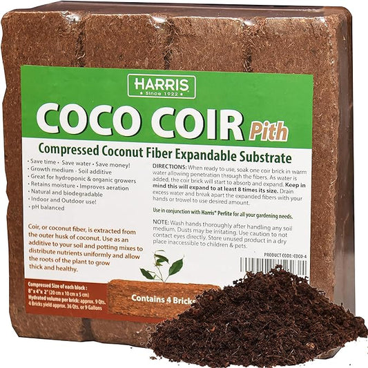 Harris Coco Coir Pith, 4 Bricks Expand to 9 Gallons of Coconut Coir to Promote Healthy Root Growth