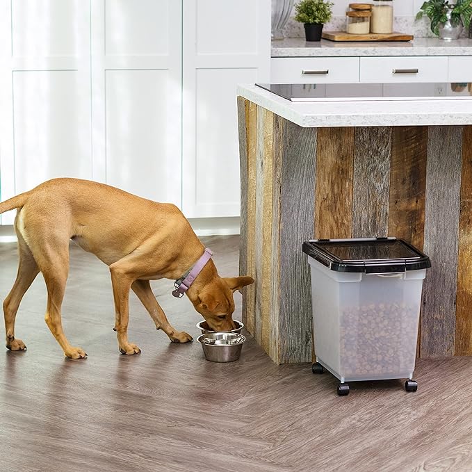IRIS USA 25 Lbs / 32.5 Qt WeatherPro Airtight Pet Food Storage Container with Removable Casters, for Dog Cat Bird and Other Pet Food Storage Bin, Keep Fresh, Translucent Body, Clear/Black