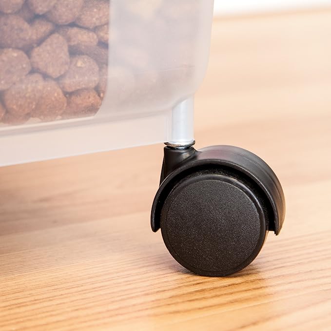 IRIS USA 25 Lbs / 32.5 Qt WeatherPro Airtight Pet Food Storage Container with Removable Casters, for Dog Cat Bird and Other Pet Food Storage Bin, Keep Fresh, Translucent Body, Clear/Black